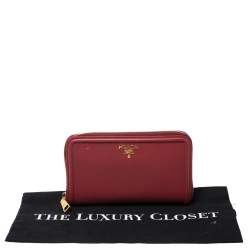 Pre Owned Prada Red Saffiano Leather Zip Around Wallet