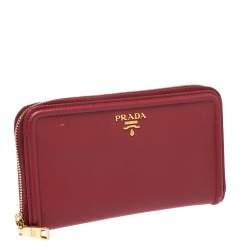 Pre Owned Prada Red Saffiano Leather Zip Around Wallet