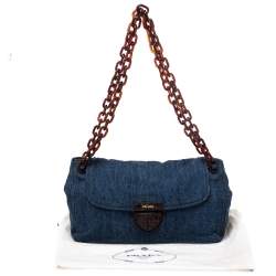 Pre Owned Prada Blue/Brown Denim Flap Chain Shoulder Bag