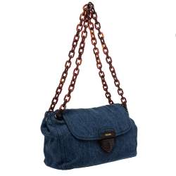 Pre Owned Prada Blue/Brown Denim Flap Chain Shoulder Bag