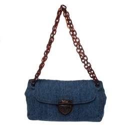 Pre Owned Prada Blue/Brown Denim Flap Chain Shoulder Bag