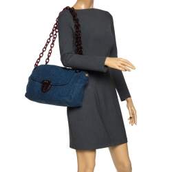 Pre Owned Prada Blue/Brown Denim Flap Chain Shoulder Bag