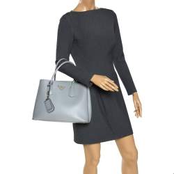 Pre Owned Prada Grey Saffiano Cuir Leather Medium Double Handle Tote