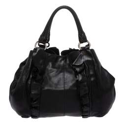 Pre Owned Prada Black Leather Ruffle Mordore Hobo