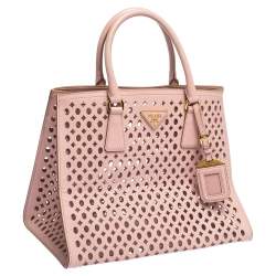 Pre Owned Prada Light Pink Cutout Saffiano Leather and PVC Tote