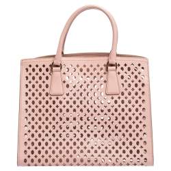 Pre Owned Prada Light Pink Cutout Saffiano Leather and PVC Tote
