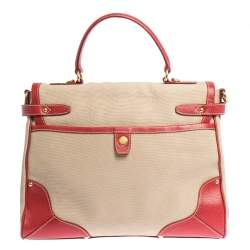Pre Owned Prada Beige/Red canvas and Leather Cinghiale Top Handle Bag        