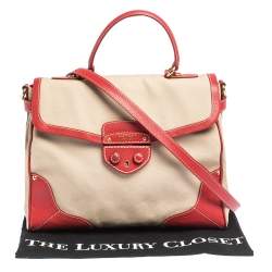 Pre Owned Prada Beige/Red canvas and Leather Cinghiale Top Handle Bag        