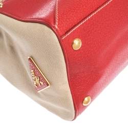 Pre Owned Prada Beige/Red canvas and Leather Cinghiale Top Handle Bag        
