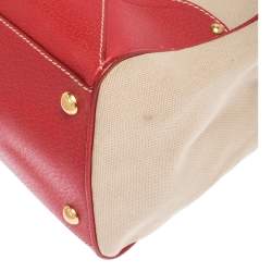 Pre Owned Prada Beige/Red canvas and Leather Cinghiale Top Handle Bag        