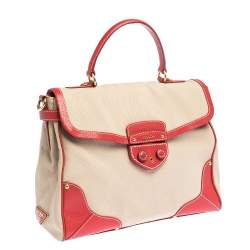 Pre Owned Prada Beige/Red canvas and Leather Cinghiale Top Handle Bag        