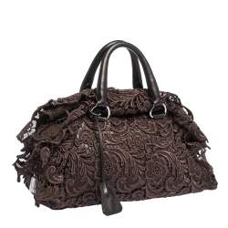 Pre Owned Prada Dark Brown Lace and Leather Pizzo Bowler Bag