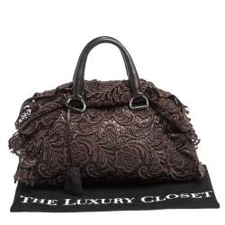Pre Owned Prada Dark Brown Lace and Leather Pizzo Bowler Bag