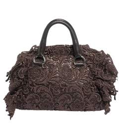 Pre Owned Prada Dark Brown Lace and Leather Pizzo Bowler Bag