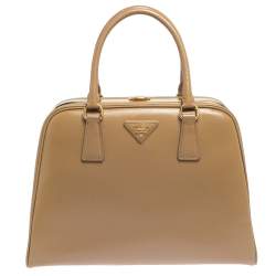 Pre Owned  Prada Beige Saffiano Venice Leather Pyramid Frame Top Handle Bag 