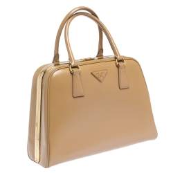 Pre Owned  Prada Beige Saffiano Venice Leather Pyramid Frame Top Handle Bag 