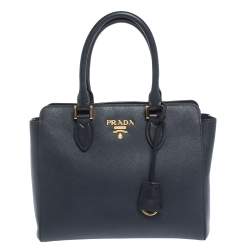 Pre Owned Prada Navy Blue Saffiano Lux Leather Magentic Closure Tote