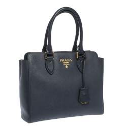 Pre Owned Prada Navy Blue Saffiano Lux Leather Magentic Closure Tote