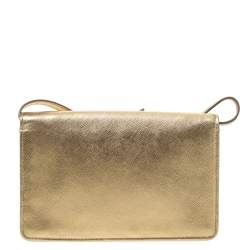 Pre Owned Prada Metallic Gold Saffiano Lux Leather Flap Crossbody Bag