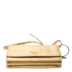 Pre Owned Prada Metallic Gold Saffiano Lux Leather Flap Crossbody Bag