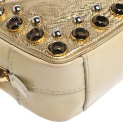 Pre Owned Prada Metallic Gold Saffiano Lux Leather Studded Mini Crossbody Bag