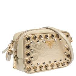 Pre Owned Prada Metallic Gold Saffiano Lux Leather Studded Mini Crossbody Bag