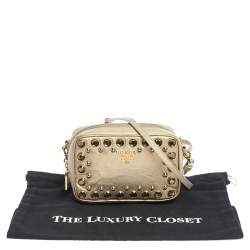 Pre Owned Prada Metallic Gold Saffiano Lux Leather Studded Mini Crossbody Bag