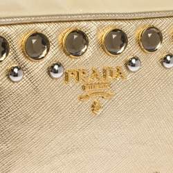 Pre Owned Prada Metallic Gold Saffiano Lux Leather Studded Mini Crossbody Bag