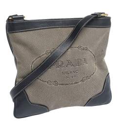 Pre Owned Prada Dark Blue/White Logo Jacquard Canvas and Leather Crossbody Bag