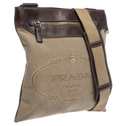 Prada Beige/Brown Logo Jacquard Fabric and Leather Messenger Bag