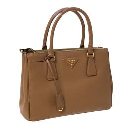 Pre Owned Prada Caramel Saffiano Lux Leather Double Zip Tote