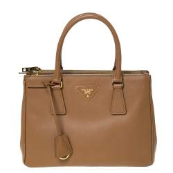 Pre Owned Prada Caramel Saffiano Lux Leather Double Zip Tote
