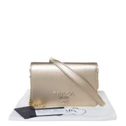 Pre Owned Prada Metallic Gold Saffiano Leather Logo Flap Chain Shoulder Bag