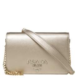 Pre Owned Prada Metallic Gold Saffiano Leather Logo Flap Chain Shoulder Bag