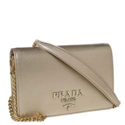 Pre Owned Prada Metallic Gold Saffiano Leather Logo Flap Chain Shoulder Bag
