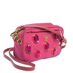 Pre Owned Prada Two Tone Pink Nylon and Patent Leather Jeweled Camera Crossbody Bag