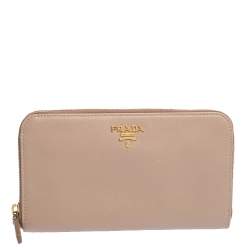 Pre Owned Prada Nude Beige Saffiano Leather Zip Around Wallet