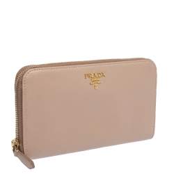 Pre Owned Prada Nude Beige Saffiano Leather Zip Around Wallet