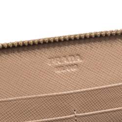 Pre Owned Prada Nude Beige Saffiano Leather Zip Around Wallet
