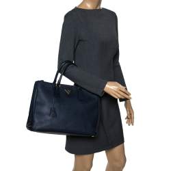 Pre Owned Prada Blue Saffiano Lux Leather Large Double Zip Tote
