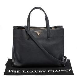 Pre Owned Prada Black Leather Logo Plaque Tote