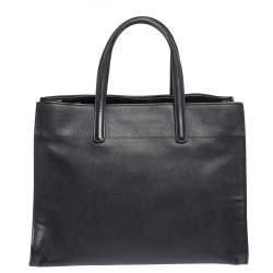 Pre Owned Prada Black Leather Logo Plaque Tote