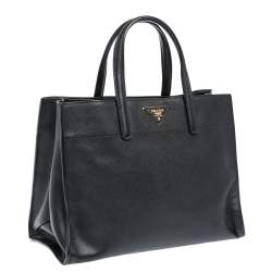 Pre Owned Prada Black Leather Logo Plaque Tote