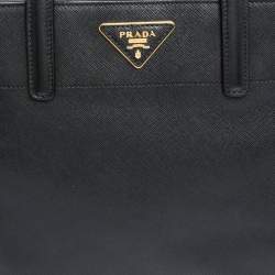 Pre Owned Prada Black Leather Logo Plaque Tote