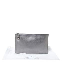 Pre Owned Prada Silver Saffiano Vernice Leather Push Lock Clutch