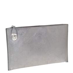 Pre Owned Prada Silver Saffiano Vernice Leather Push Lock Clutch