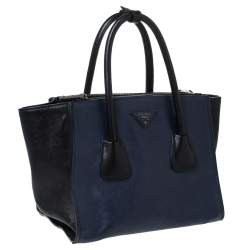 Pre Owned Prada Blue/Black Leather Twin Pocket Double Handle Tote