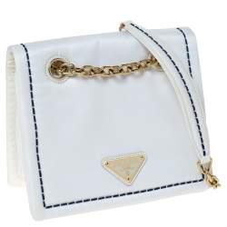 Pre Owned Prada White Tessuto Nylon Logo Plaque Flap Chain Shoulder Bag