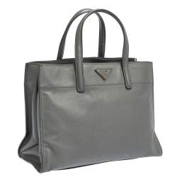Pre Owned Prada Grey Saffiano Lux Leather Double Handle Tote