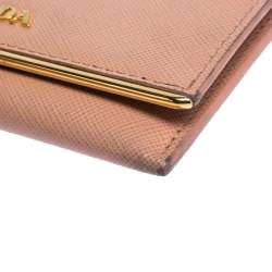 Pre Owned Prada Light Pink Saffiano Lux Leather Metal Flap Card Holder